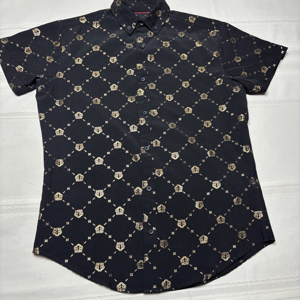 Drill Clothing Mens Size Small Black/ Gold Tiger Shortsleeve Button Down